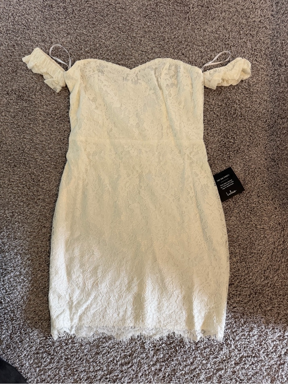 Lulu's Cream Lace Off-Shoulder Ruffle Mini Dress
